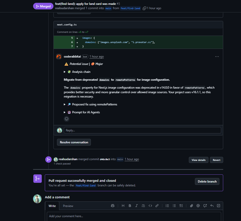CodeRabbit AI providing intelligent code review feedback